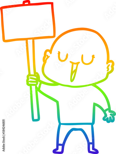 rainbow gradient line drawing happy cartoon bald man with sign © lineartestpilot