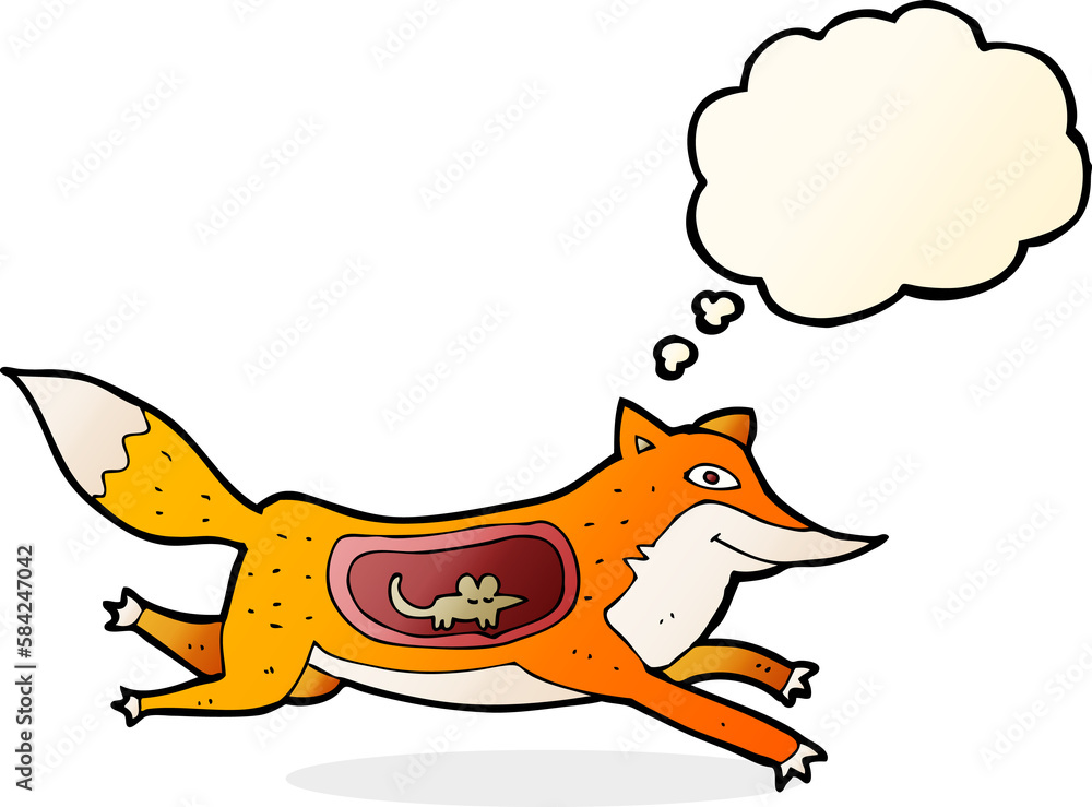 cartoon fox with mouse in belly with thought bubble cartoon fox with mouse in belly with thought bubble