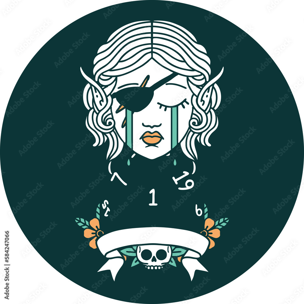 crying elf rogue character with natural one D20 roll icon crying elf rogue character with natural one D20 roll icon