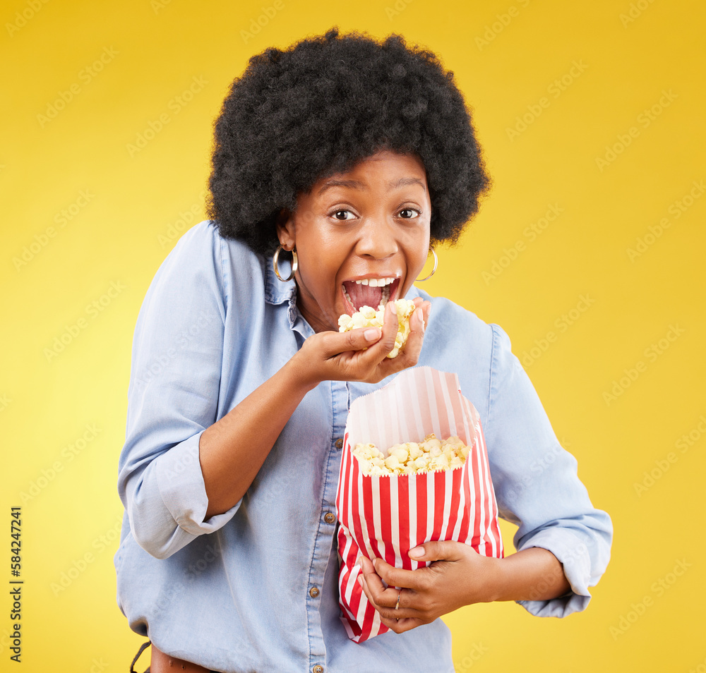 Happy, food and popcorn with black woman in studio for movie, streaming service and cinema. Crazy, comedy and theatre with female and snack isolated on yellow background for eating, tv and film Happy, food and popcorn with black woman in studio for movie, streaming service and cinema. Crazy, comedy and theatre with female and snack isolated on yellow background for eating, tv and film