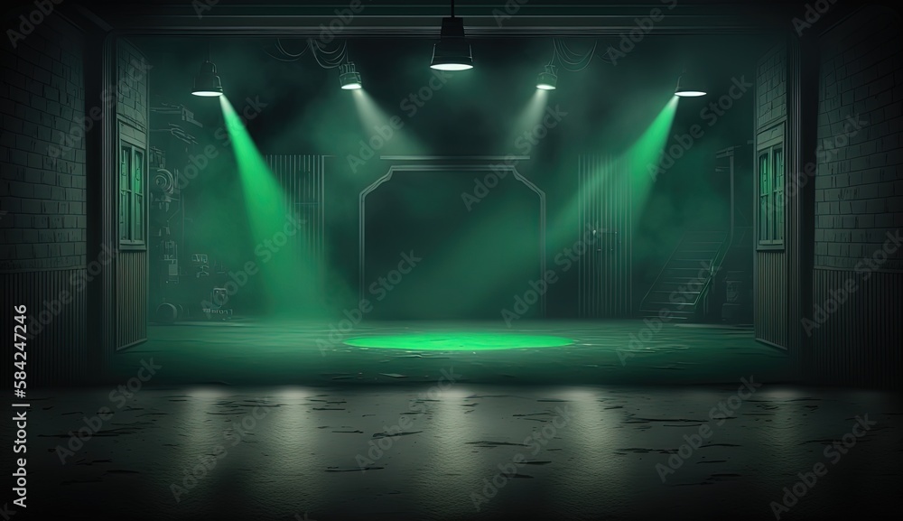 spotlights shine on stage floor in dark room, idea for background backdrop, abandon room or warehouse, Generative Ai