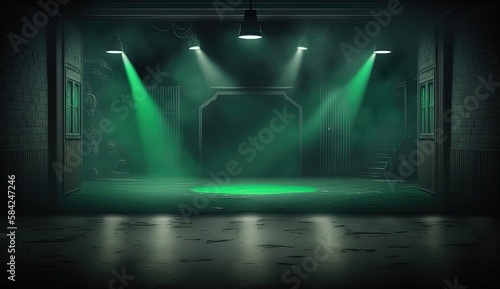 spotlights shine on stage floor in dark room, idea for background backdrop, abandon room or warehouse, Generative Ai © QuietWord