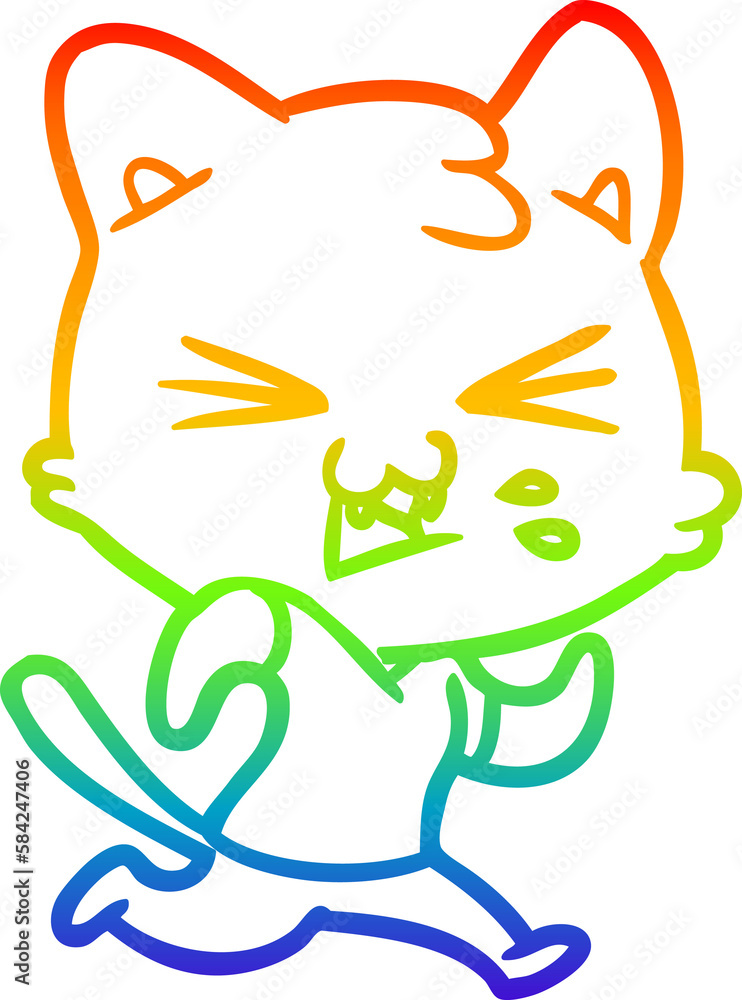 Fototapeta premium rainbow gradient line drawing cartoon cat hissing