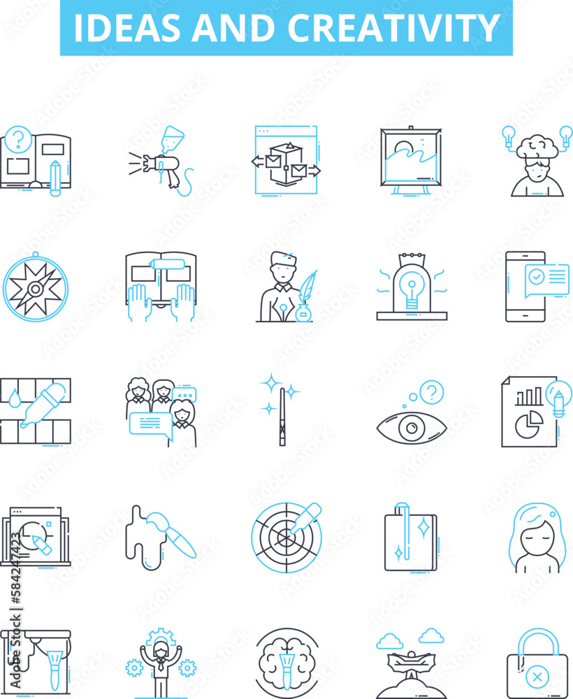 Ideas and creativity vector line icons set. Ideas, Creativity, Innovation, Brainstorming, Imagination, Conceptualization, Vision illustration outline concept symbols and signs Ideas and creativity vector line icons set. Ideas, Creativity, Innovation, Brainstorming, Imagination, Conceptualization, Vision illustration outline concept symbols and signs