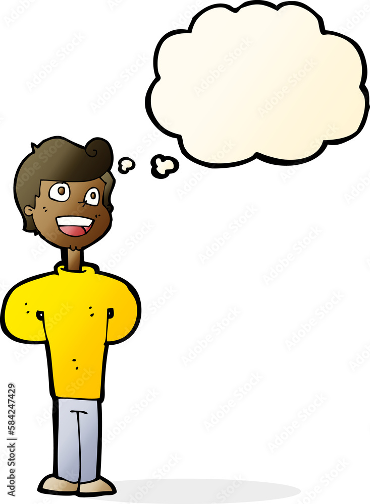cartoon happy man with thought bubble