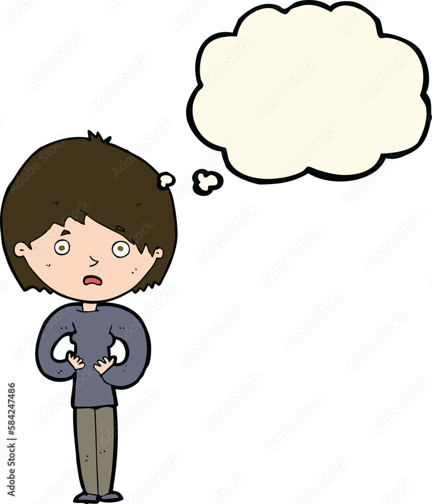 cartoon woman making Who Me? gesture with thought bubble cartoon woman making Who Me? gesture with thought bubble