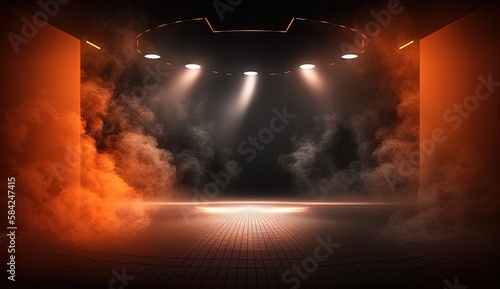 spotlights shine on stage floor in dark room  idea for background backdrop  abandon room or warehouse  Generative Ai