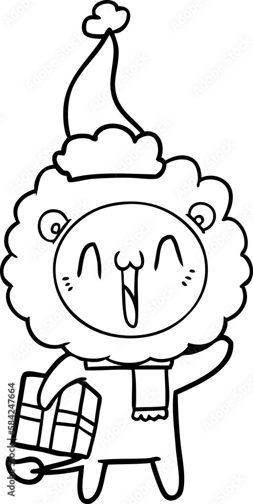 Obraz premium happy line drawing of a lion wearing santa hat