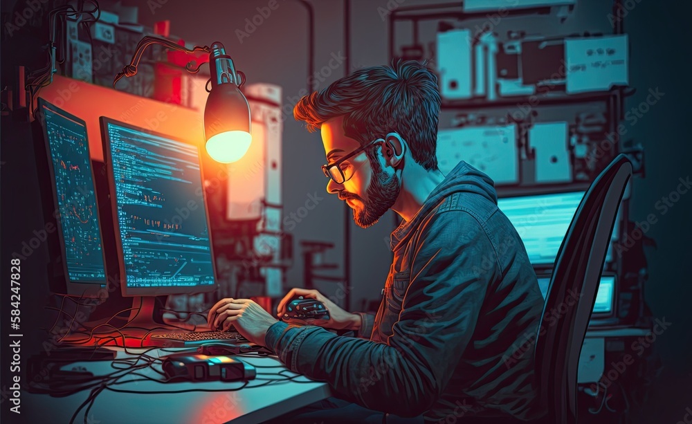 Illustration of a hacker using laptop in dark room.Generative Ai.