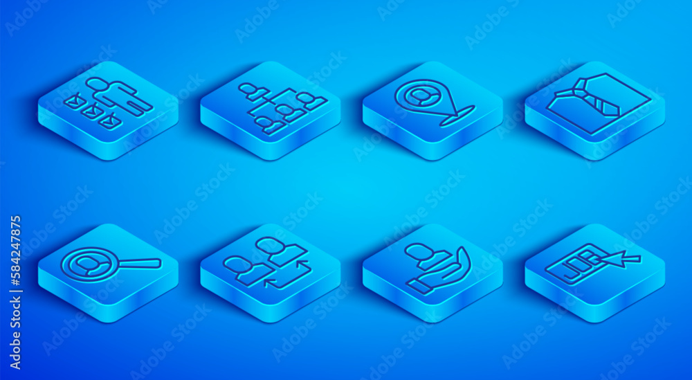 Obraz premium Set line Resume, Employee hierarchy, Worker location, Exchange work, Tie, Magnifying glass for search job and Search icon. Vector