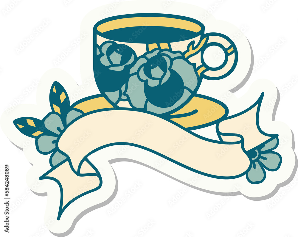 tattoo sticker with banner of a cup and flowers