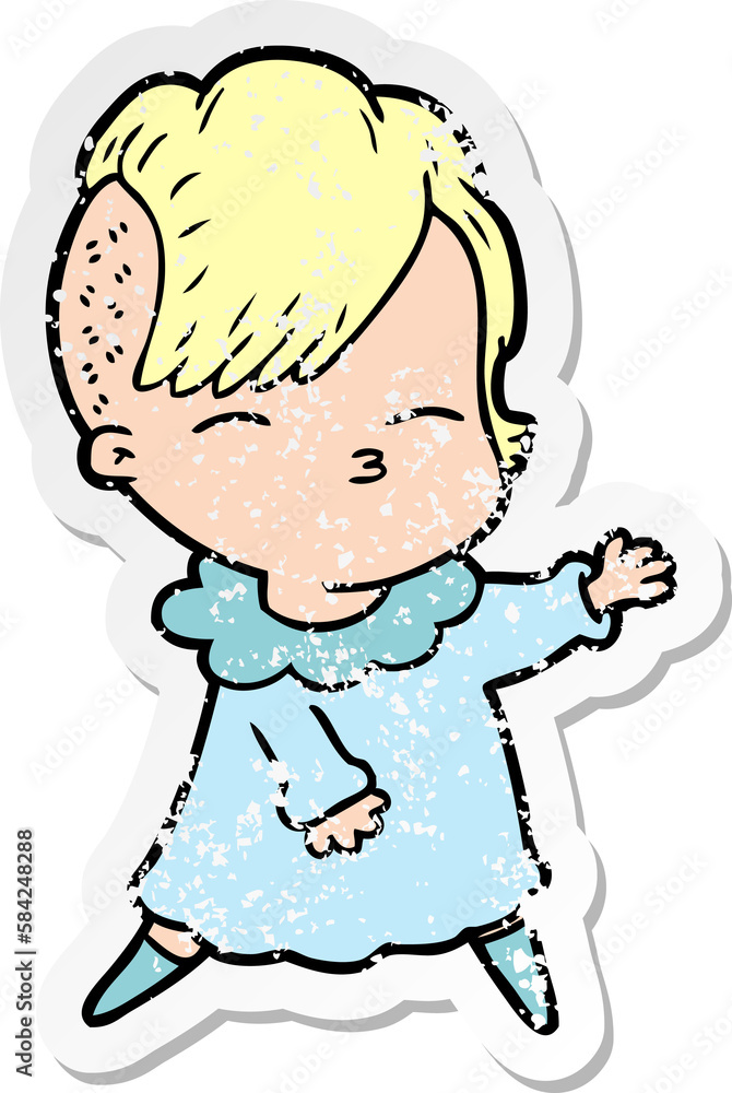 distressed sticker of a cartoon squinting girl