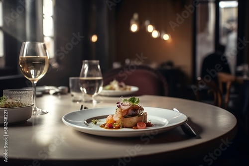 Michelin star quality high cuisine food dish in a very atmospheric restaurant setting with bright daylight and wine on the table, AI generative. 
