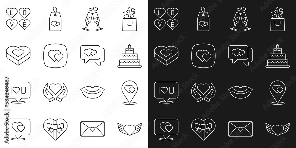 Set line Heart with wings, Location heart, Wedding cake, Glass of champagne, Candy shaped box, Love text and speech bubble icon. Vector