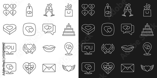 Set line Heart with wings, Location heart, Wedding cake, Glass of champagne, Candy shaped box, Love text and speech bubble icon. Vector