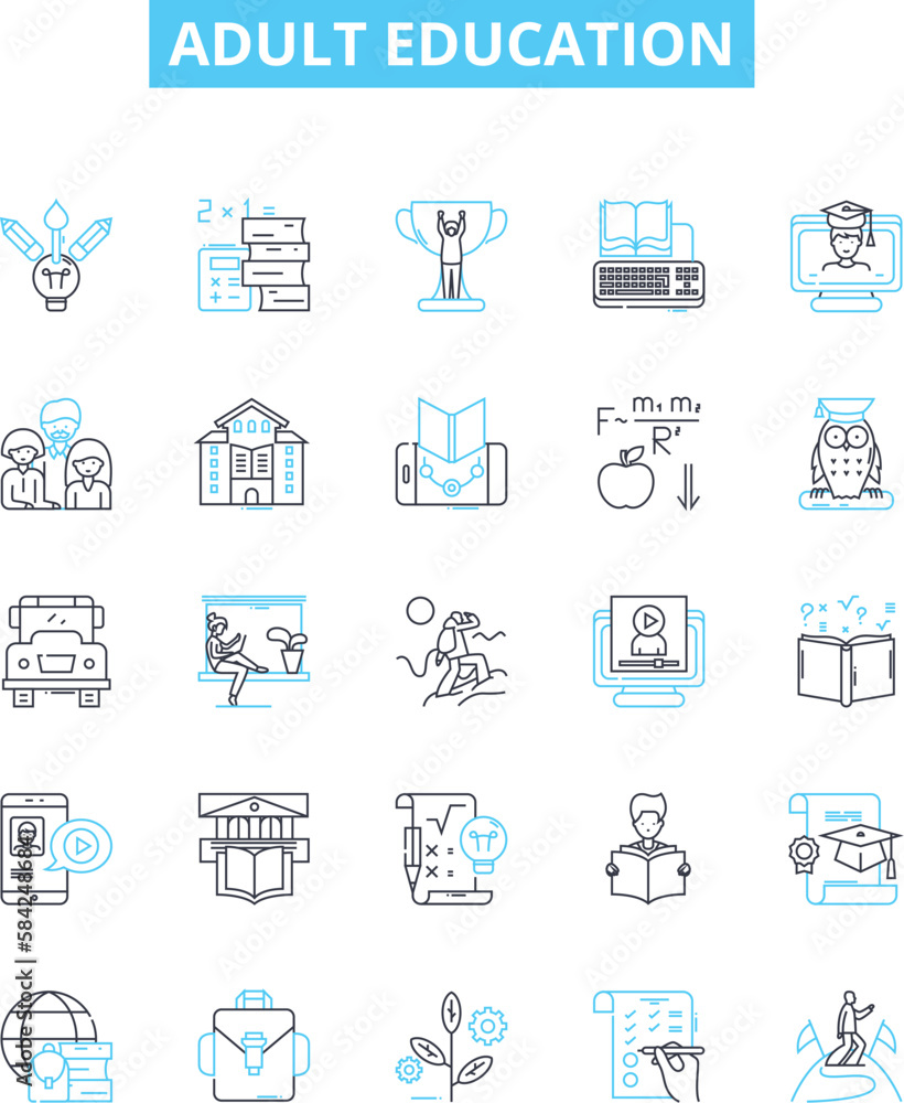 Adult education vector line icons set. Adult, Education, Learning, Instruction, Training, Literacy, Courses illustration outline concept symbols and signs