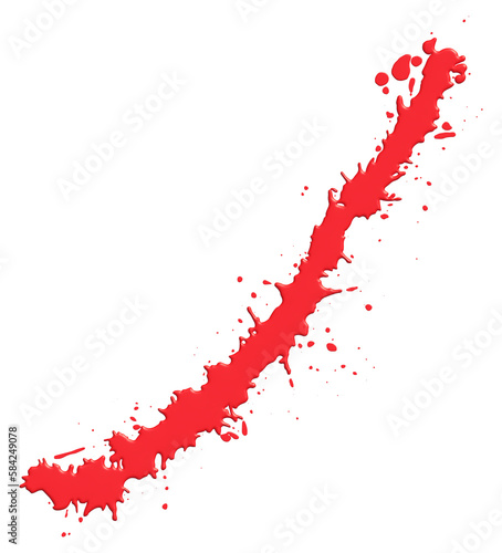Realistic, textured image of paint splatters in red colors, isolated on a white background. Creative illustration features a pattern with splatters, drops, bleeding, and spray effect