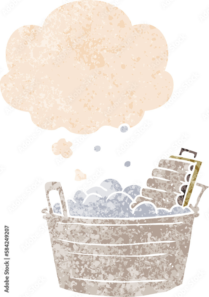 cartoon old washboard and bucket and thought bubble in retro textured style cartoon old washboard and bucket and thought bubble in retro textured style