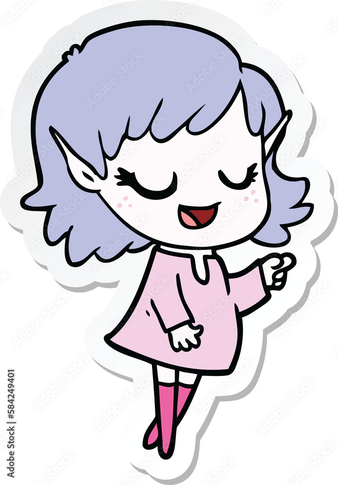 sticker of a happy cartoon elf girl pointing sticker of a happy cartoon elf girl pointing