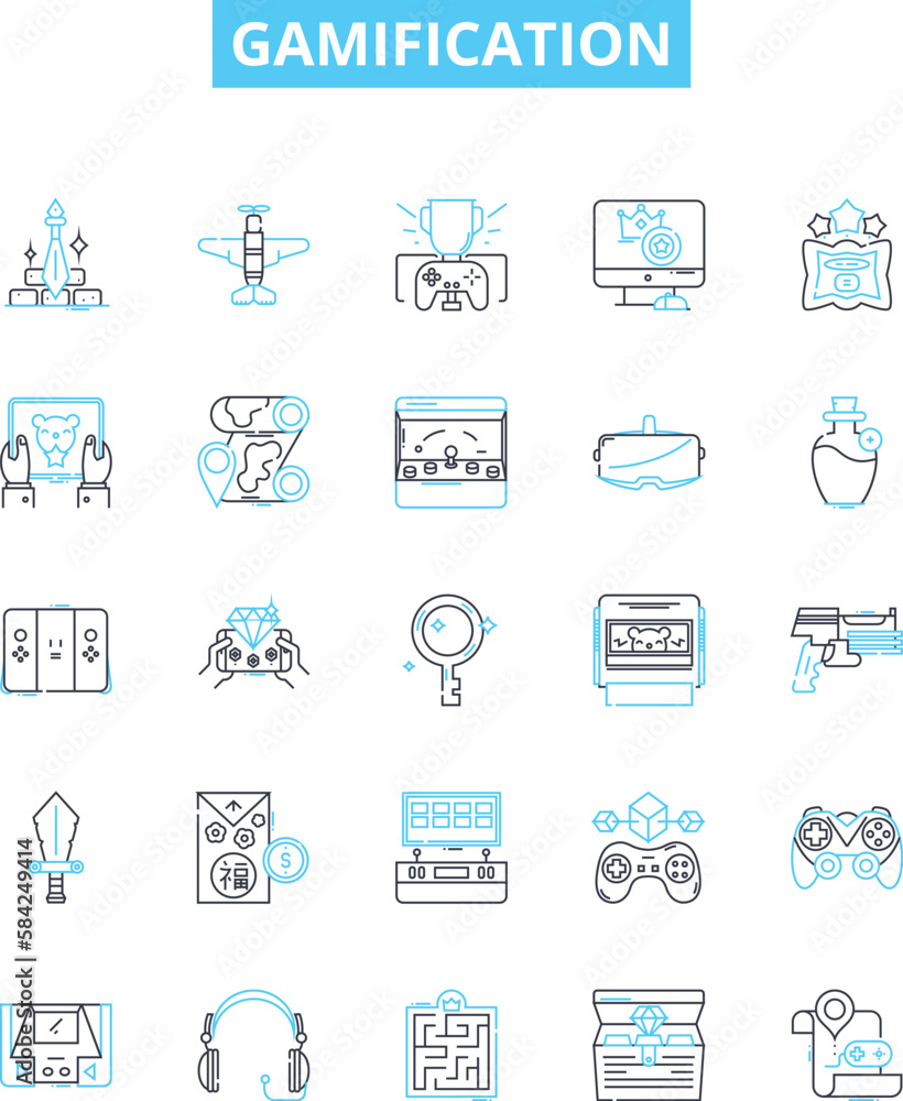 Gamification vector line icons set. Gamification, play, game, engagement, motivation, reward, level illustration outline concept symbols and signs
