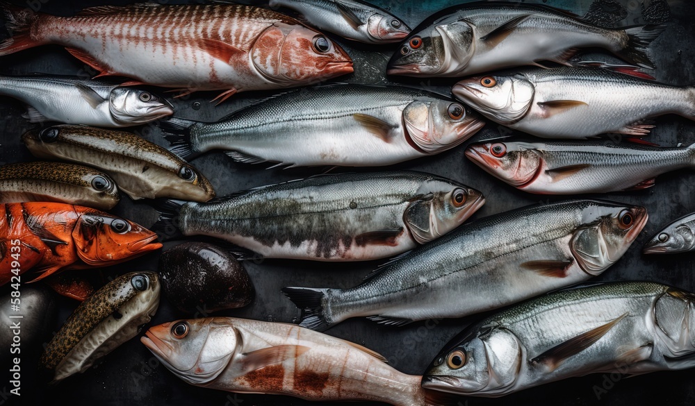 Obraz premium many type of fresh fish on table, Generative Ai