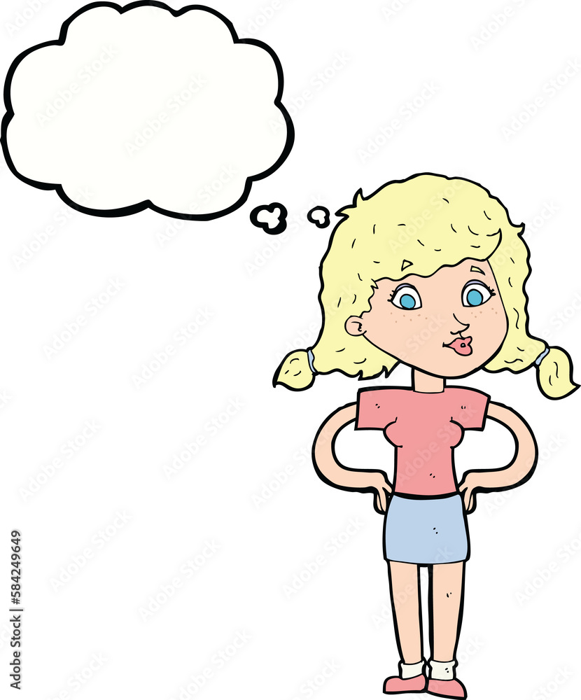 cartoon pretty girl with hands on hips with thought bubble cartoon pretty girl with hands on hips with thought bubble