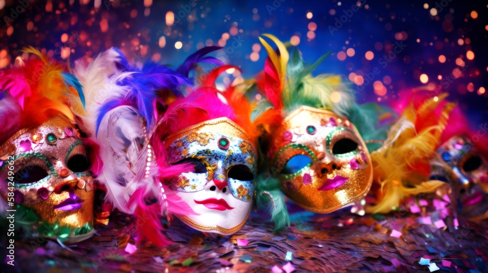 Exquisite Venetian masks on a Colorful glitter background with shiny streamers and bokeh lights. Perfect for a masquerade party. Generative AI 