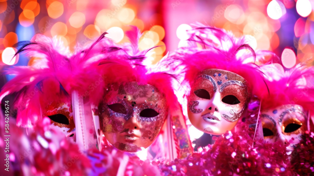 Exquisite Venetian masks on a pink glitter background with shiny streamers and bokeh lights. Perfect for a masquerade party. Generative AI Exquisite Venetian masks on a pink glitter background with shiny streamers and bokeh lights. Perfect for a masquerade party. Generative AI