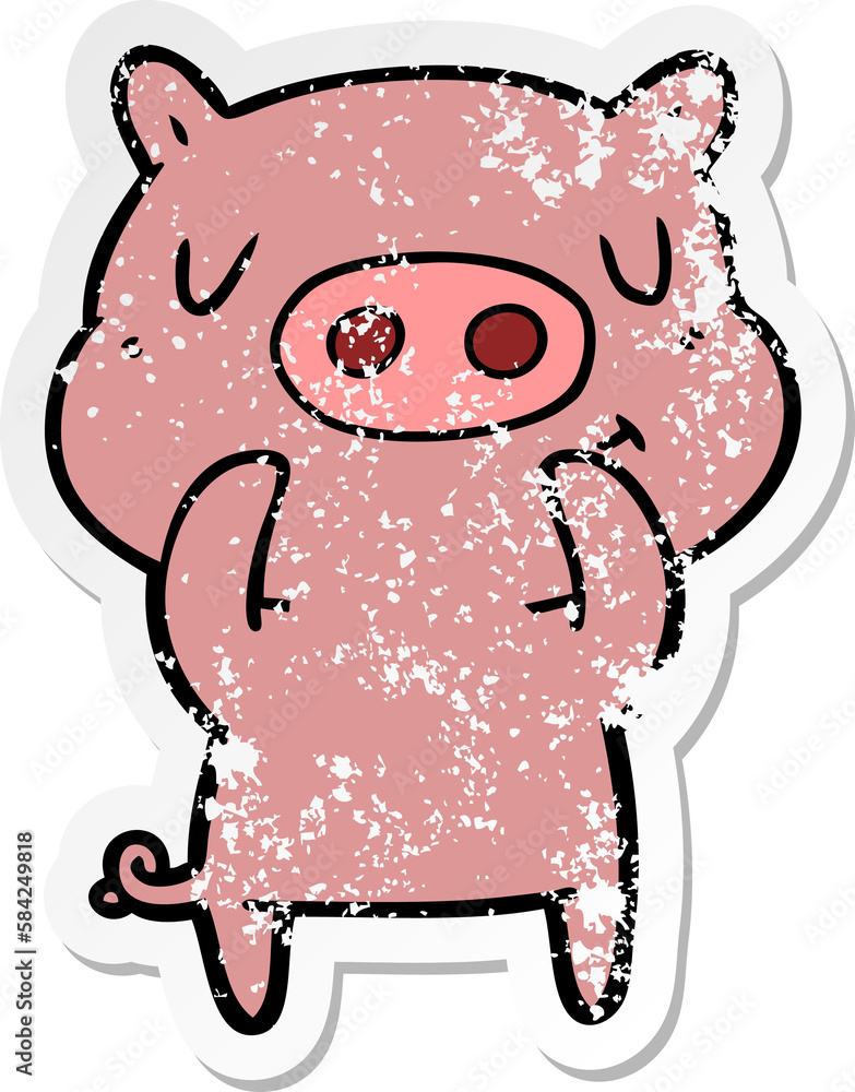 distressed sticker of a cartoon content pig distressed sticker of a cartoon content pig