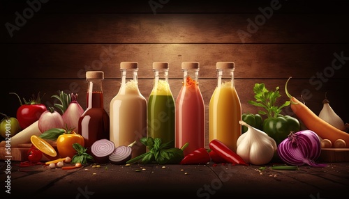 many type of homemade raw fresh vegan healthy juice bottles on wooden table, Generative Ai photo