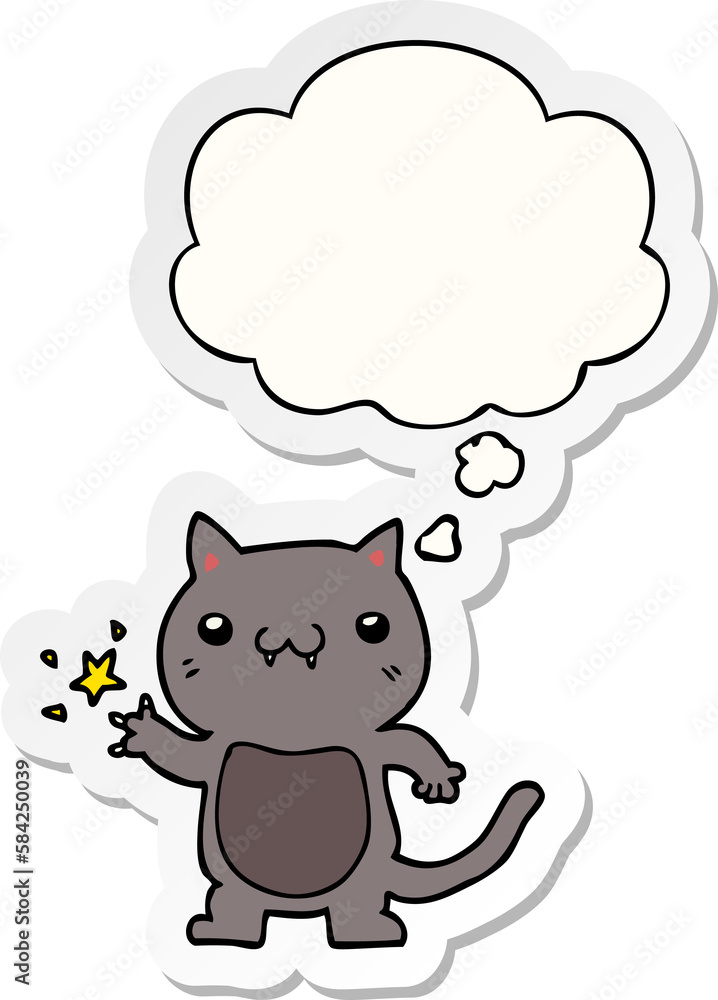 cartoon cat scratching and thought bubble as a printed sticker