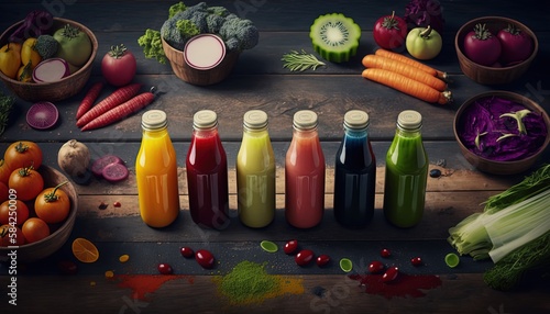 many type of homemade raw fresh vegan healthy juice bottles on wooden table, Generative Ai photo