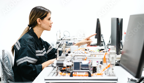 Wallpaper Mural Engineer woman working on AI technology in robotics and electronics engineering laboratory. University students' research project is programming robot machine with intelligent mechanical control Torontodigital.ca