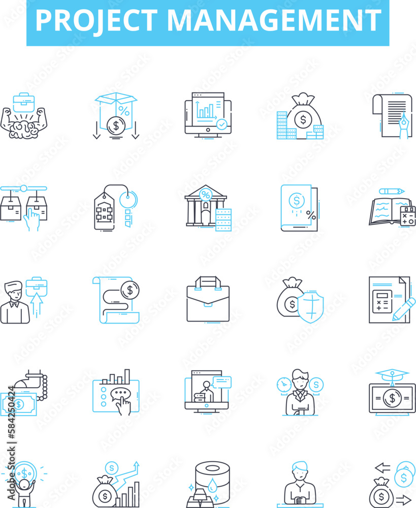 Project management vector line icons set. Planning, Managing, Scheduling, Tracking, Organizing, Budgeting, Risk illustration outline concept symbols and signs Project management vector line icons set. Planning, Managing, Scheduling, Tracking, Organizing, Budgeting, Risk illustration outline concept symbols and signs