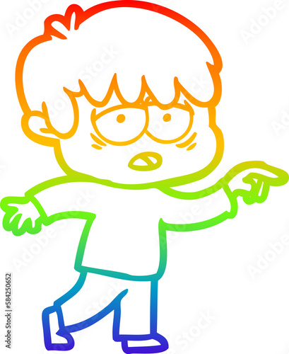 rainbow gradient line drawing cartoon exhausted boy
