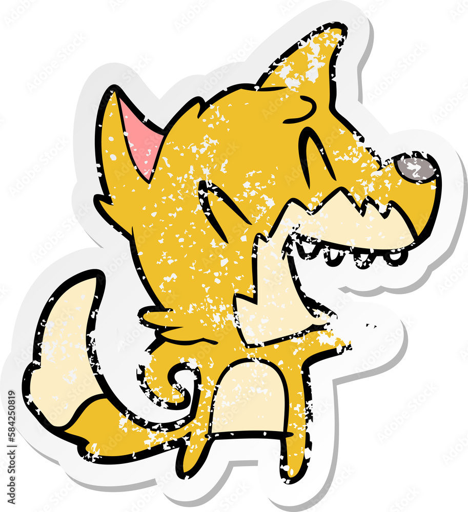 distressed sticker of a laughing fox cartoon distressed sticker of a laughing fox cartoon