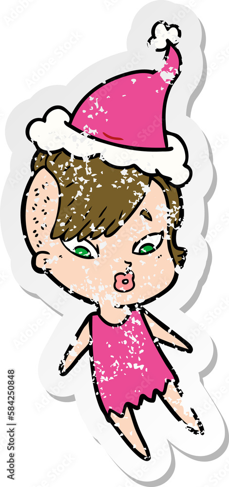 distressed sticker cartoon of a surprised girl wearing santa hat distressed sticker cartoon of a surprised girl wearing santa hat