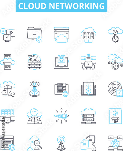 Cloud networking vector line icons set. Cloud, Networking, CloudComputing, SaaS, SA, IaaS, PaaS illustration outline concept symbols and signs