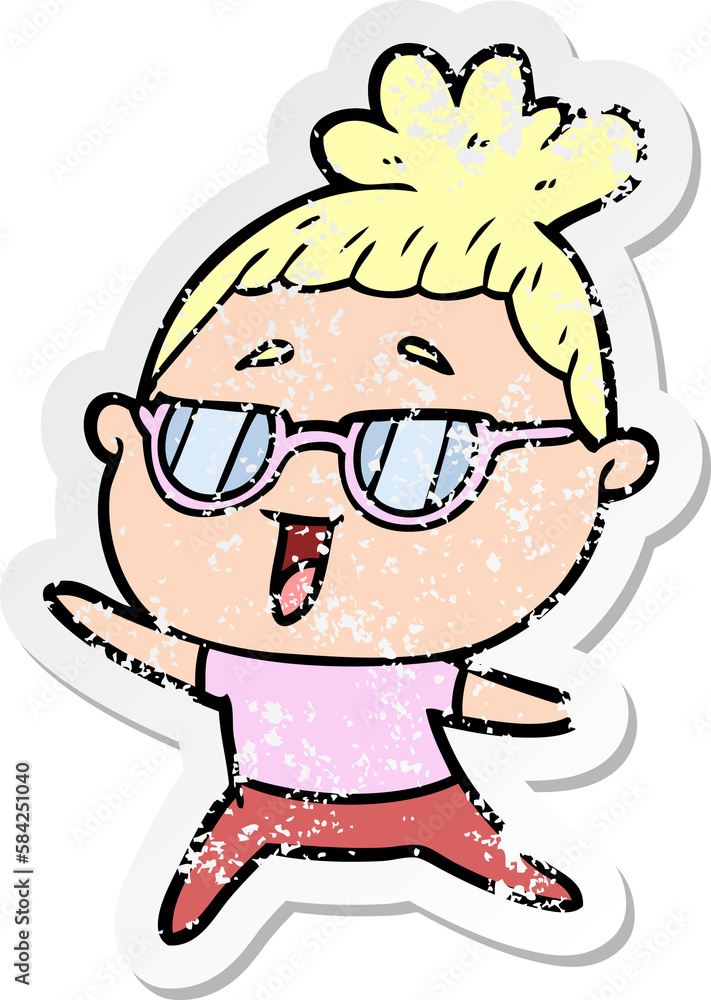 distressed sticker of a cartoon happy woman wearing spectacles distressed sticker of a cartoon happy woman wearing spectacles