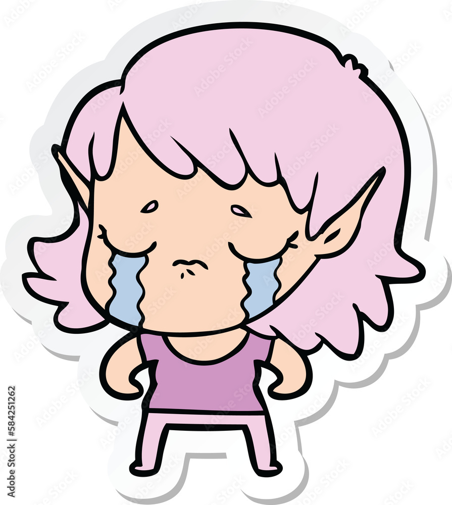 sticker of a cartoon crying elf girl sticker of a cartoon crying elf girl