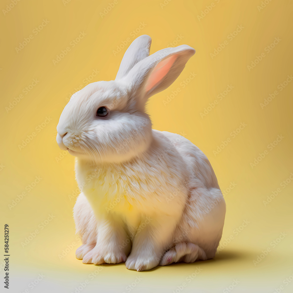 Cute fluffy white rabbit sitting on a yellow background easter spring season adorable animal Cute fluffy white rabbit sitting on a yellow background easter spring season adorable animal