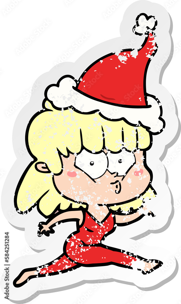 distressed sticker cartoon of a woman running wearing santa hat distressed sticker cartoon of a woman running wearing santa hat