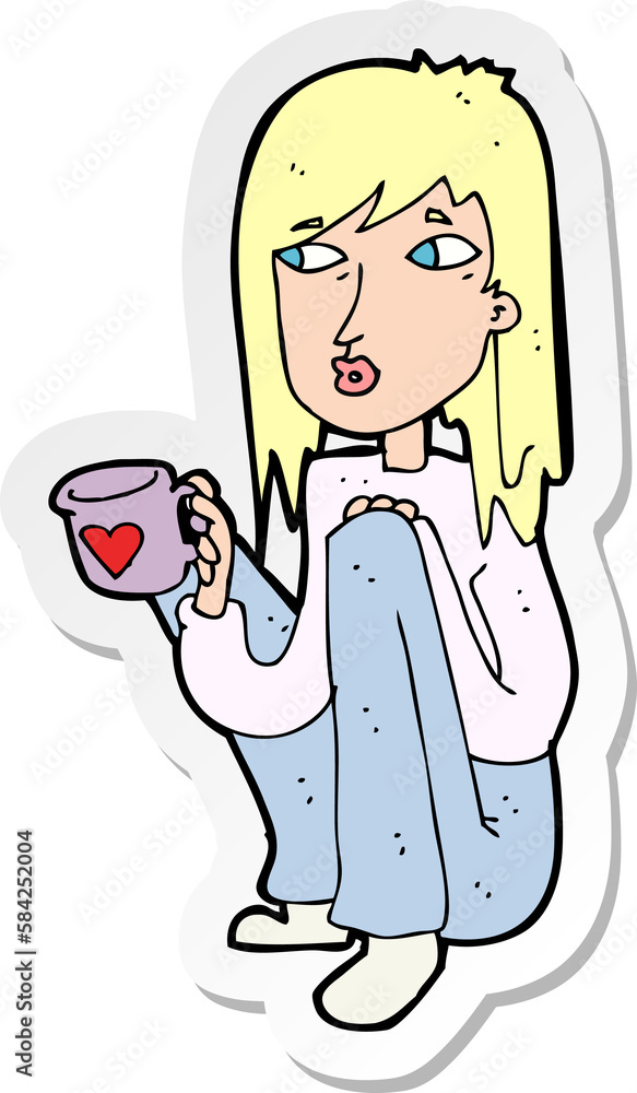 sticker of a cartoon woman sitting with cup of coffee sticker of a cartoon woman sitting with cup of coffee