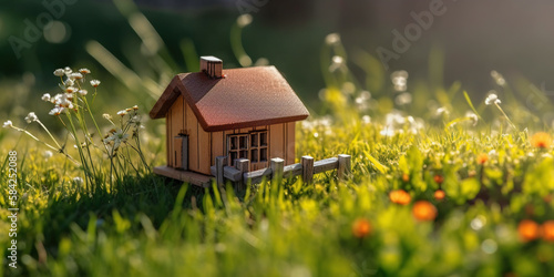  Eco house. Green and environmentally friendly housing concept. generative ai. Miniature wooden house in spring grass, moss and ferns on a sunny day © Aquir