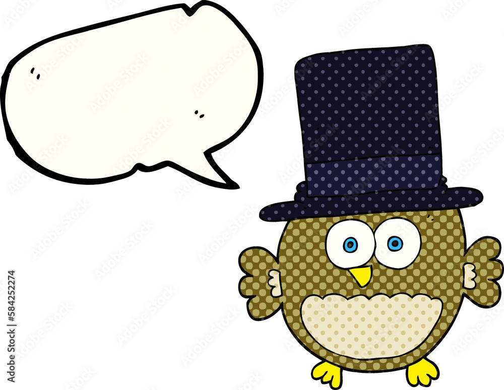 comic book speech bubble cartoon owl in top hat