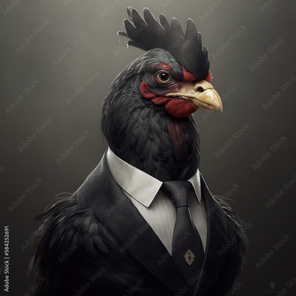 Black chicken wearing suit in business man mood. 
Realistic art about chicken. Generative AI.