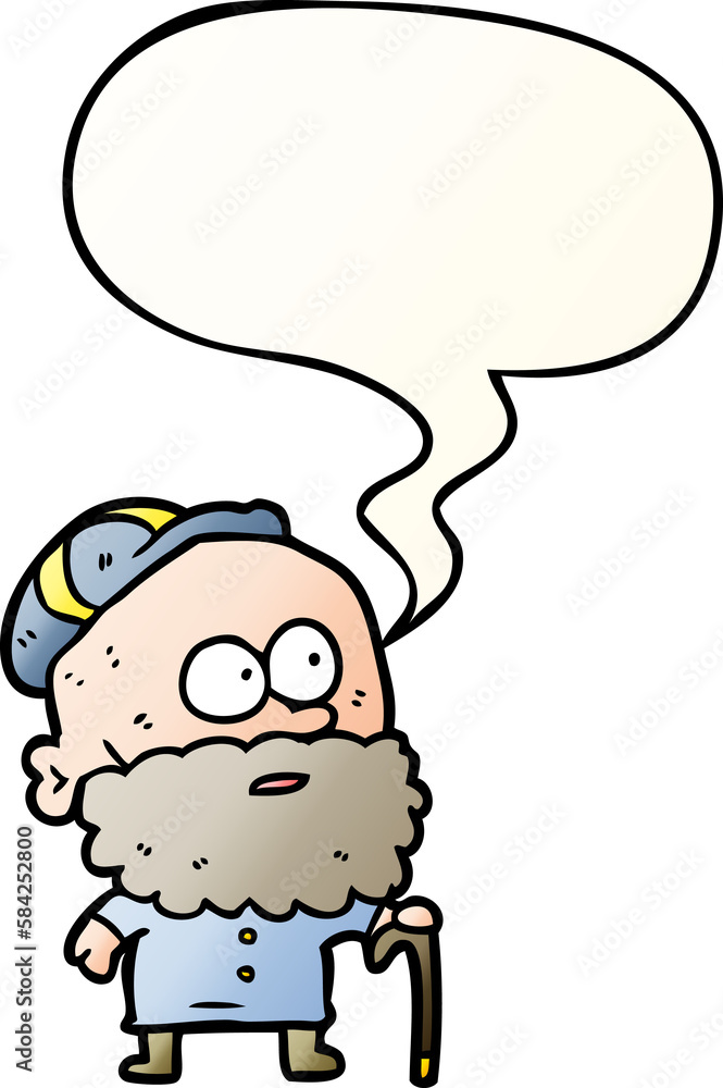 old cartoon man and walking stick and flat cap and speech bubble in smooth gradient style old cartoon man and walking stick and flat cap and speech bubble in smooth gradient style