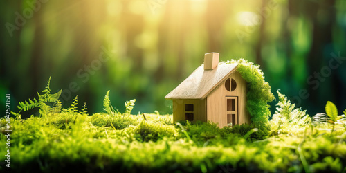  Eco house. Green and environmentally friendly housing concept. generative ai. Miniature wooden house in spring grass, moss and ferns on a sunny day photo