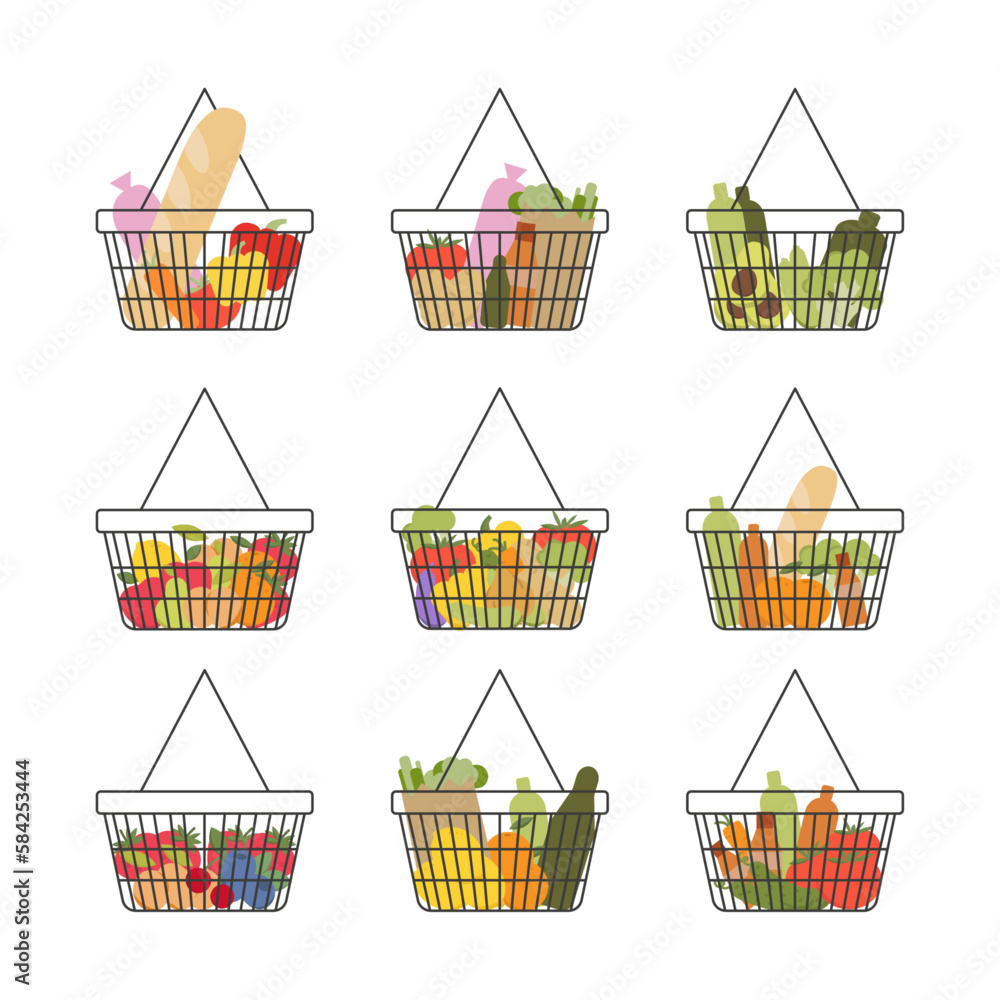 Set of grocery baskets. A set of shopping baskets with groceries. A basket of groceries in a