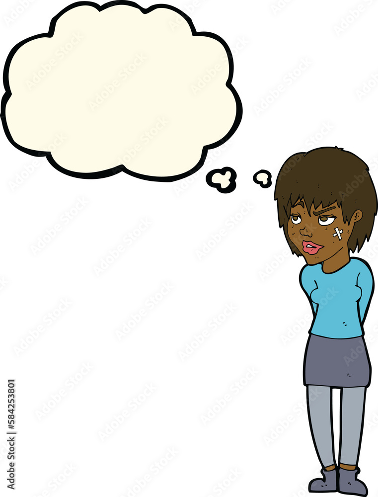 cartoon woman with plaster on face with thought bubble cartoon woman with plaster on face with thought bubble